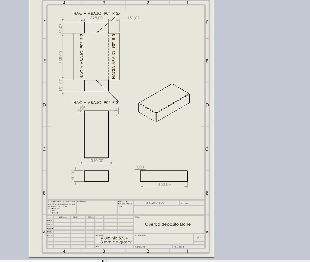 Plano técnico de depósito de aluminio con vistas y cotas